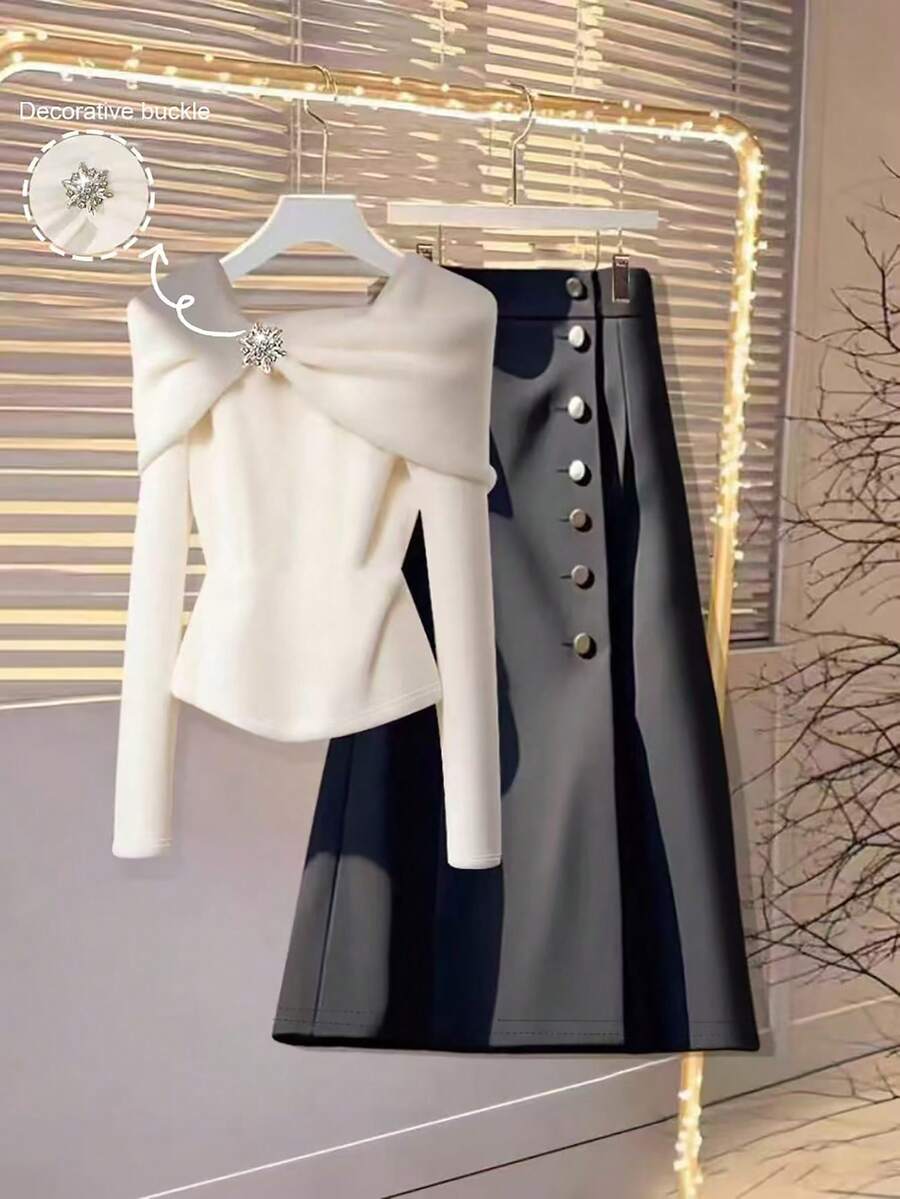 GlowEve Women's Elegant Commuter Top And Skirt 2 Pieces Set - Black and White - View 1