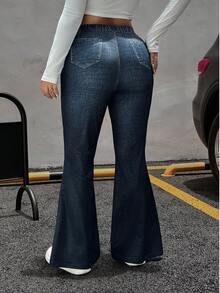 Muchica 大码女式牛仔效果印花高腰休闲喇叭裤