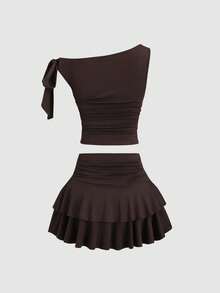 SHEIN PETITE Set estivo da donna composto da canotta con decorazione floreale metallica e minigonna plissettata a strati - Caffè Marrone - Visualizzare 4