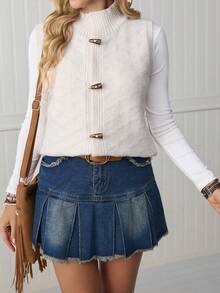 SHEIN LilyWest Women's Solid Color Stand Collar Button Front Casual Sweater Vest - Beige - View 4