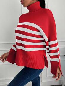 SHEIN Cottnline Striped Pattern Turtleneck Drop Shoulder Split Cuff Sweater - Red - View 3