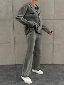 EURMUSE 2pcs Women's Color Block Front Button Long Sleeve Simple Sweater And Pants Set - Grey - View 4