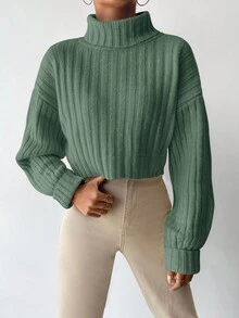 EURMUSE Turtleneck Drop Shoulder Ribbed Knit Crop Sweater - Olive Green - View 3