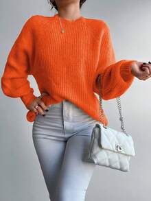 EURMUSE Solid Raglan Sleeve Sweater - Orange - View 5