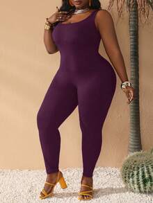 Slaydiva Slayr Basic Casual Elastic Knit Plus Size Jumpsuit - Purple - View 4