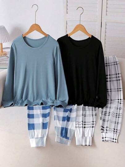 4pcs Boy Pajamas Set, Long Sleeve Top With Contrast Cuffs & Pants With Plaid Pattern, Comfortable Fit, Machine Washable, Suitable For Casual Wear