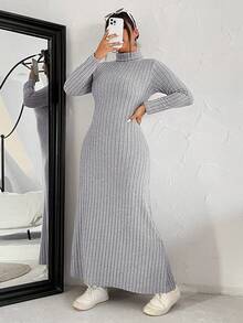 SHEIN EZwear 大码浅灰色纯色简约日常高领长袖连衣裙 - 淺灰色 - 查看 5
