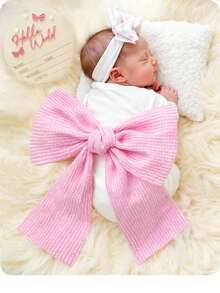 SHEIN Newborn Photography Swaddle Blanket With Pink Bow, A Prop For Baby Girls, Made Of Pink Striped Textured Fabric With A Bow. - Pink - View 4
