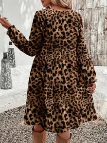 EMERY ROSE Casual Leopard Print Round Neck Long Sleeve Elegant Women's Mid-Length Dress,Brown,Autumn,Boho,Vacation Cheetah Animal Print Plus Size Winter Outfits - Brown - View 2