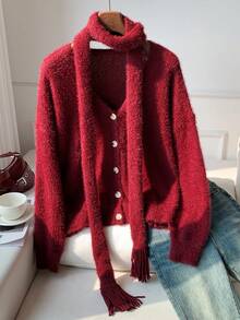 SHEIN EZwear Áo len cardigan cài nút phía trước màu trơn thường ngày dành cho nữ, Thu/Đông - Màu Đỏ Sâu - Xem 1