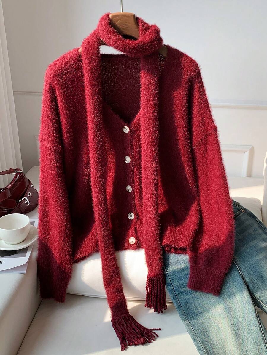 SHEIN EZwear Áo len cardigan cài nút phía trước màu trơn thường ngày dành cho nữ, Thu/Đông - Màu Đỏ Sâu - Xem 1