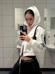 INAWLY 女式 Y2K 休闲日常通勤时尚街头字母印花拉链抽绳连帽短款运动衫 - 淺灰色 - 查看 4