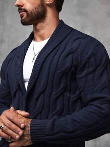 Manfinity Mode Men's Casual Solid Color Cable Knit Shawl Collar Long Sleeve Cardigan, Autumn/Winter Blue Cardigan - Blue - View 4