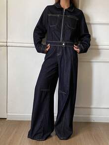 Livesso Women's Casual Collared Top And Loose Fit Jeans Set, Autumn - Blue - View 3