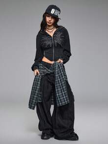 ROMWE Grunge Punk Baggy Black & Grey Plaid Patchwork Asymmetrical 2 In 1 Design Super Loose Women Super Low Waist Jeans