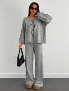 RueChic 2 piezas Conjunto de cárdigan con cordón y pantalones de punto de unicolor, informal - Gris Claro - Ver 4