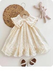 SHEIN LMoss Kids Babygirl 可爱杏色花卉刺绣节日彼得潘领夏季连衣裙 - 米色 - 查看 9