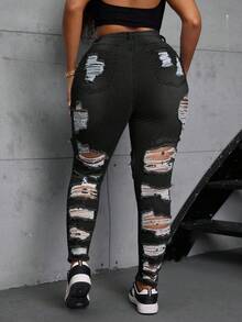 SHEIN SXY 大码女式洗水做旧紧身牛仔裤 - 黑色 - 查看 2