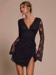 SHEIN BAE Czarna koronkowa sukienka z bufiastymi rękawami i dekoltem w serek, z eleganckim falbankowym wykończeniem i ściągaczem z boku, seksowna, odpowiednia na koktajlowe przyjęcie, romantyczną randkę, warstwowe stylizacje jesienno-zimowe, imprezę, formalne spotkanie, sukienkę na Halloween, sukienkę świąteczną