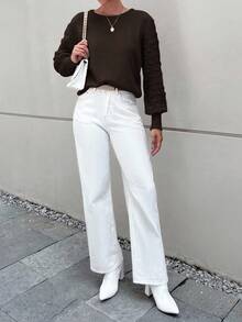 EURMUSE Round Neck Long Sleeve Casual Sweater - Brown - View 5