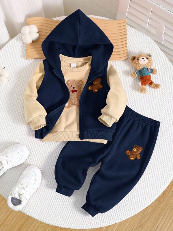 SHEIN 3er Set Baby Jungen/Mädchen Herbst/Winter: Marine lässige, weite Reißverschluss-Kapuzen-Plüschbären-Weste, weite, entspannte Sporthose, apricotfarbener Rundhals-Pullover, geeignet für Zuhause & Outdoor