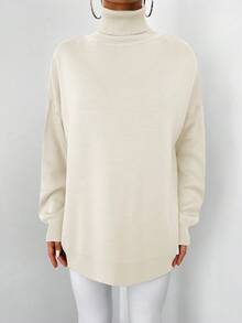 EURMUSE Women Simple Solid Color High Neck Pullover Sweater, Suitable For Winter - White - View 5