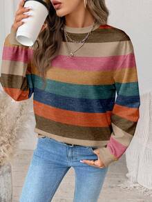 SHEIN LUNE Áo sweatshirt nữ dáng rộng, cổ tròn, tay dài, họa tiết sọc phối màu tối giản, thích hợp cho mùa thu/đông. - Nhiều màu - Xem 4