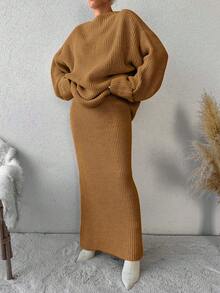 EURMUSE Drop Shoulder Sweater & Knit Skirt Without Belt - Camel - View 3