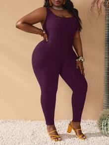 Slaydiva Slayr Basic Casual Elastic Knit Plus Size Jumpsuit - Purple - View 5