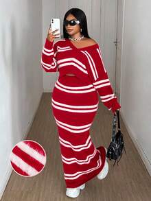 Maweii Women's Plus Size Short Loose Top, Elegant Casual Green & White Striped V-Neck Y2K Lounge Long Sleeve Bodycon Sweater Bodycon Maxi Tube Striped 2 Pieces Set Dress, Plus Size, Autumn/Winter - Multicolor - View 1