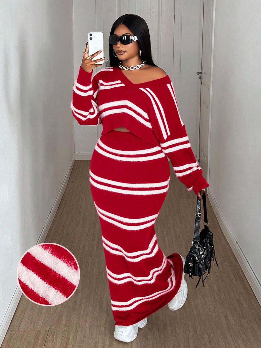 Maweii Women's Plus Size Short Loose Top, Elegant Casual Green & White Striped V-Neck Y2K Lounge Long Sleeve Bodycon Sweater Bodycon Maxi Tube Striped 2 Pieces Set Dress, Plus Size, Autumn/Winter - Multicolor - View 1