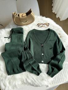 SHEIN 青少年女孩纯色V领落肩长袖针织开衫和裤子套装 - 綠色 - 查看 3
