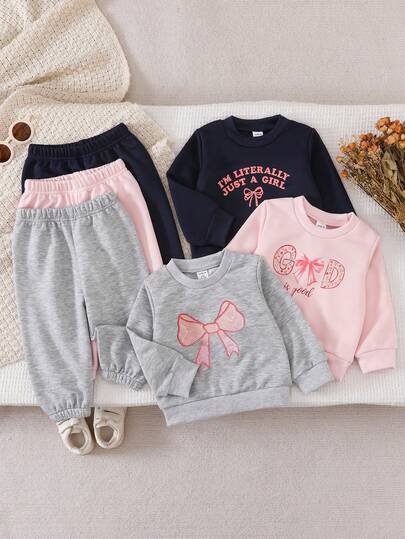 Conjunto de 6 piezas de top de manga larga con cuello redondo y pantalones con estampado de lazo y letra, cómodo y casual para niñas bebés, adecuado para uso diario en primavera, otoño e invierno