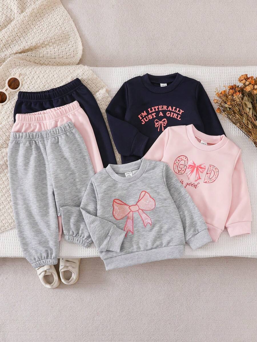 6pcs Baby Girls Comfortable Casual Knit Cute Bow & Letter Print Crew Neck Long Sleeve Top And Pants Set, Suitable For Spring, Autumn & Winter Daily Wear