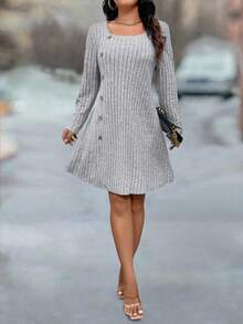 SHEIN PETITE Váy cổ vuông vải dệt kim họa tiết dành cho nữ nhỏ nhắn - Xám - Xem 6