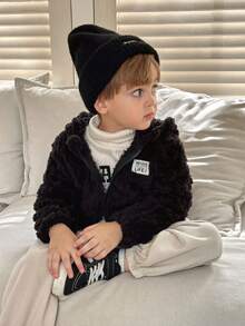 年轻男孩秋冬休闲多用途纹理羊毛正面徽标贴片厚保暖连帽夹克 - 黑色 - 查看 5