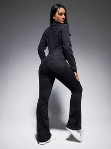 SHEIN PETITE 女式休闲纽扣半拉链长袖牛仔喇叭连体裤，秋季 - 黑色 - 查看 2