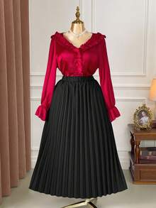 SHEIN Clasi Áo cánh tay bồng cổ chữ V màu trơn thanh lịch cỡ lớn dành cho nữ - Màu Đỏ Sâu - Xem 5