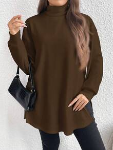EMERY ROSE Deep Brown Casual Minimalist Plus Size Turtleneck Long T-Shirt, Spring/Autumn - Multicolor - View 3