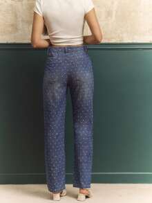 lacRébo Blue High Waisted Straight Leg Jeans With White Polka Dot Print Autumn Winter Polkadot Jeans
