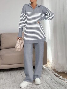 EURMUSE Women Stripe Pattern Zip Detailed Neck Drop Shoulder Pullover & Sweater Pants Set - Grey - View 6