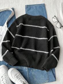 Sparklyn 女童时尚黑白条纹拼色针织毛衣 - 黑與白 - 查看 2