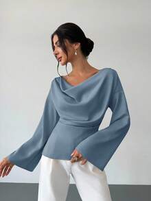 Firerie Áo sơ mi công sở màu mơ, cổ thuyền, tay loe, eo xếp ly, tối giản, thanh lịch, chất liệu satin, cổ áo bất đối xứng, tay chuông, thích hợp mặc đi làm hàng ngày. - Màu xanh bụi bặm - Xem 5