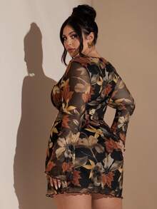 SHEIN BAE Plus Size Women Casual Backless Floral Print Mesh Dress, Autumn/Winter,Fall /Autumn/Winter,Party,Wedding,Beach,Elegant,Casual,Going Out,Date,Appointment,Commute,Valentine's Day,Valentine Outfits For Women