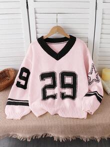 Mädchen Lockerer V-Ausschnitt Pullover mit Zahlen- und Sternenmuster, Herbst/Winter