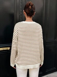 RueChic Women'S Striped Drop Shoulder Sweater - Brown - View 2