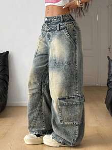 Coolane Women's Cargo Rapper Washed Grunge Jeans Y2k Oversized Jeans Old Money Baggy Jeans - Dark Wash - View 5