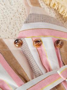 寶寶女孩夏季紋路牛仔露背連身裝，適用於休閒及假期，並帶腰帶