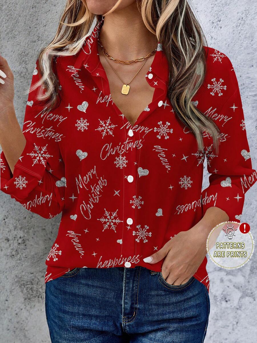 EMERY ROSE 圣诞雪花和心形图案女式衬衫，适合秋冬季 - 紅色 - 查看 1