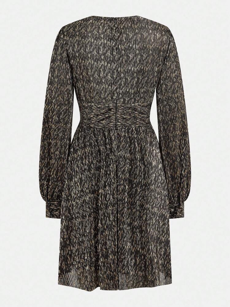 SHEIN Maija Black Gold Elegant Foil Pleated V-Neck Women's Twist Front Long Sleeve Dress, Suitable For Christmas, Party, Gathering Party Dress Elegant Dresses For Women Sequin Skirt Autumn Dress Halloween Costumes Christmas Outfit For Women New Year Women Summer Dresses For Women New Year Women Wedding Guest Dress Shiny Dress  Women Dresses Autumn Winter Sequin Dress Winter Dresses For Women V-Neck Dress High Neck Halter Top Harlem Nights Top Stylish Clothing Collection